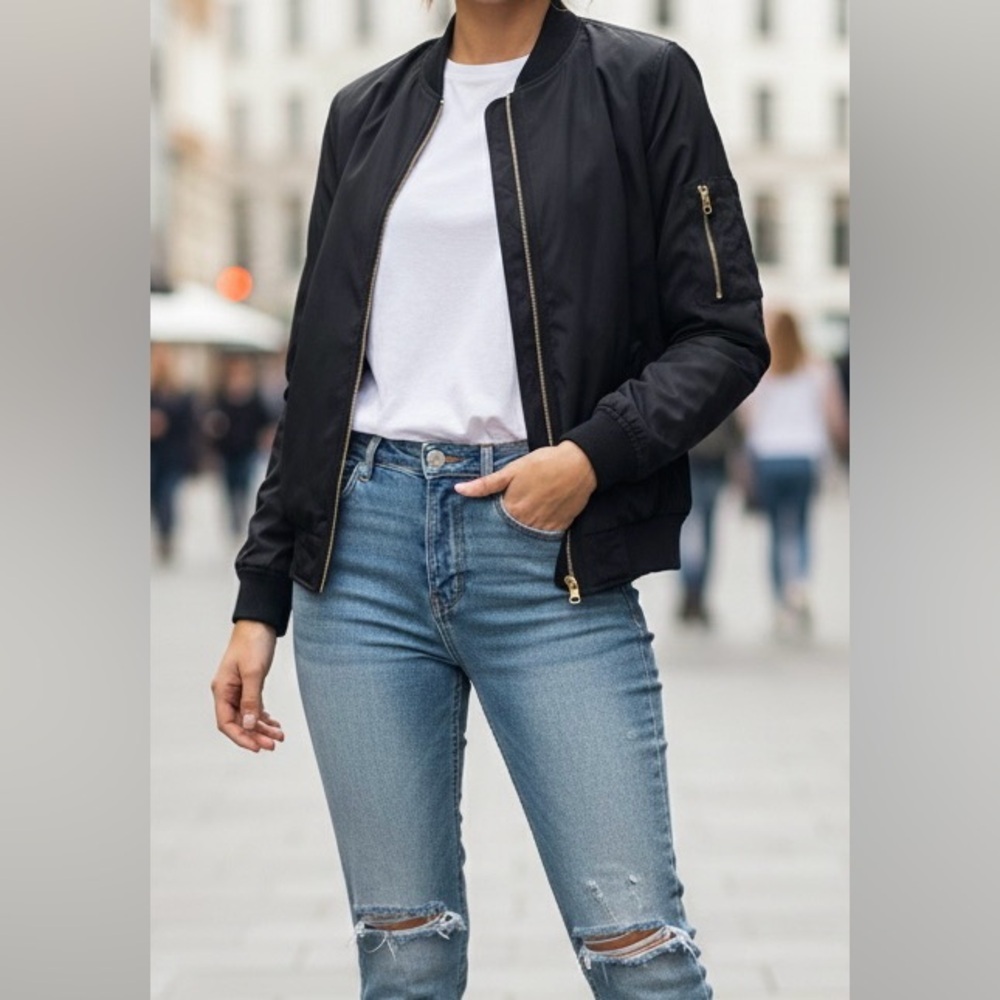 New Look Black Bomber Jacket with Gold Zipper